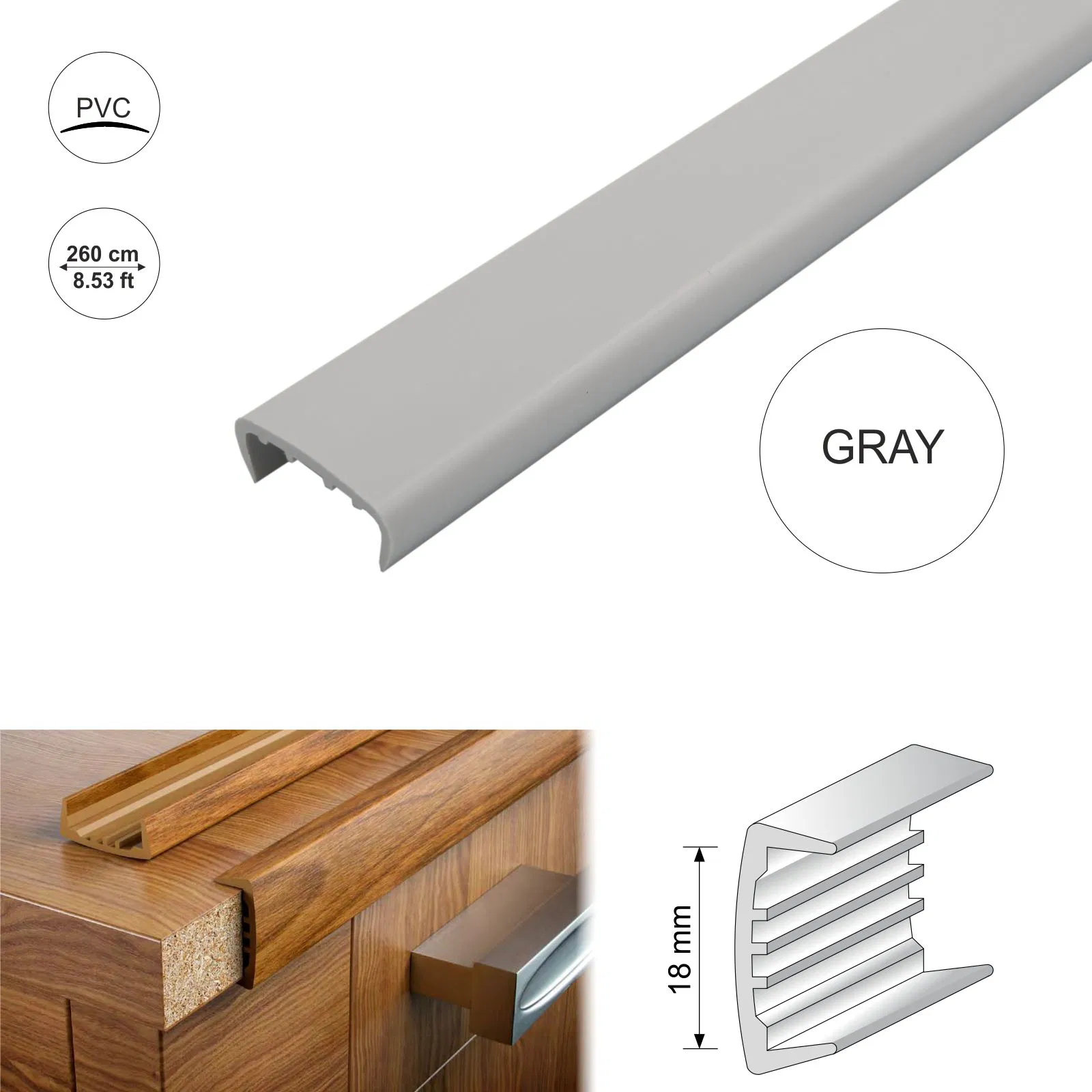 Grey18mmPVCUSectionMelamineFurniturePlasticEdgeTrim