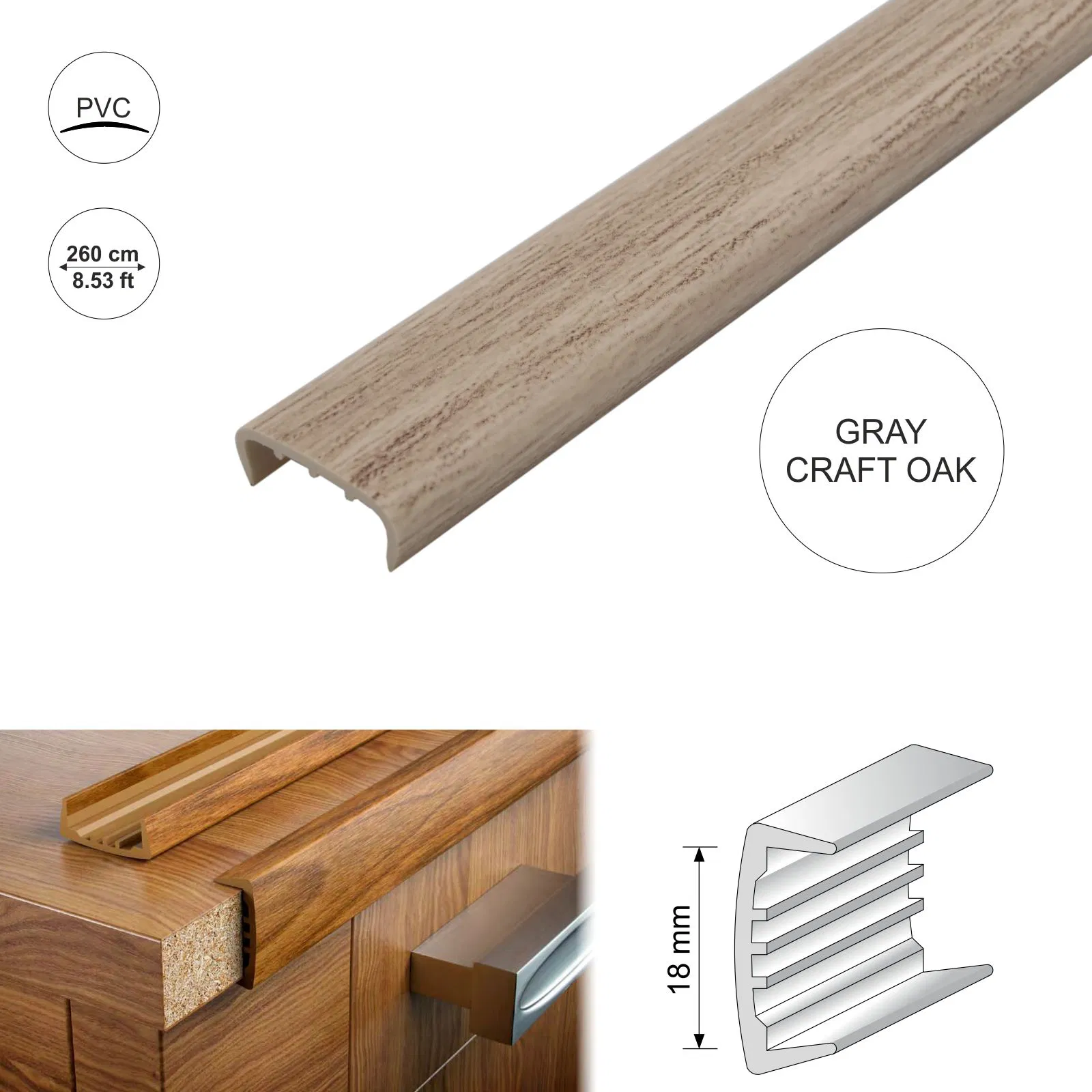 GreyCraftOak18mmPVCUSectionMelamineFurniturePlasticEdgeTrim