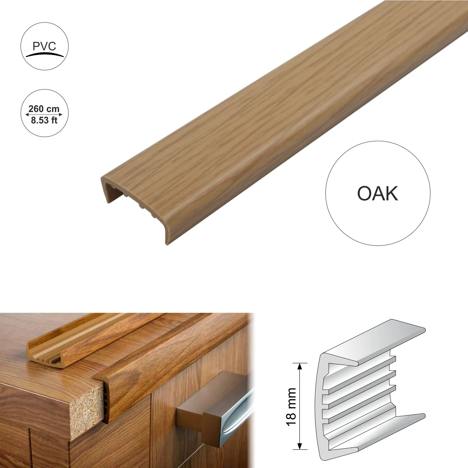 Oak18mmPVCUSectionMelamineFurniturePlasticEdgeTrim