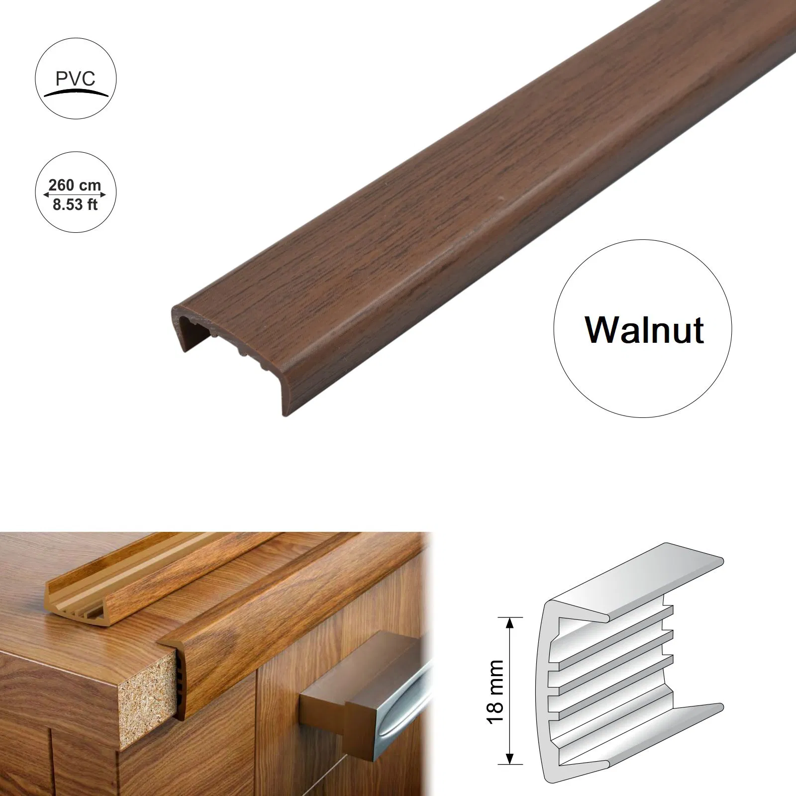 Walnut18mmPVCUSectionMelamineFurniturePlasticEdgeTrim