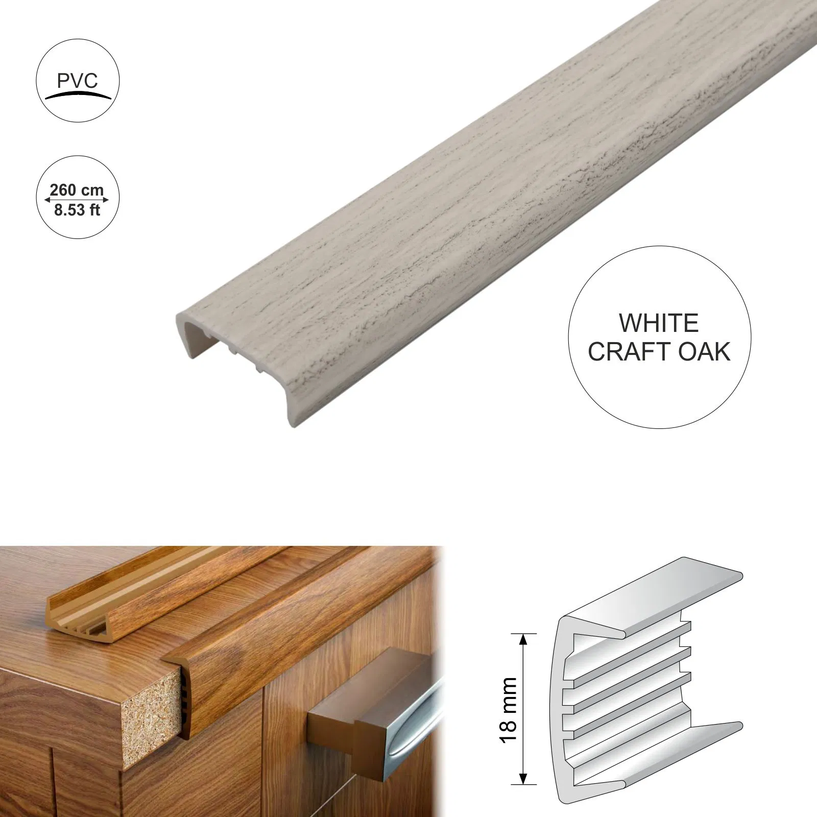 WhiteCraftOak18mmPVCUSectionMelamineFurniturePlasticEdgeTrim