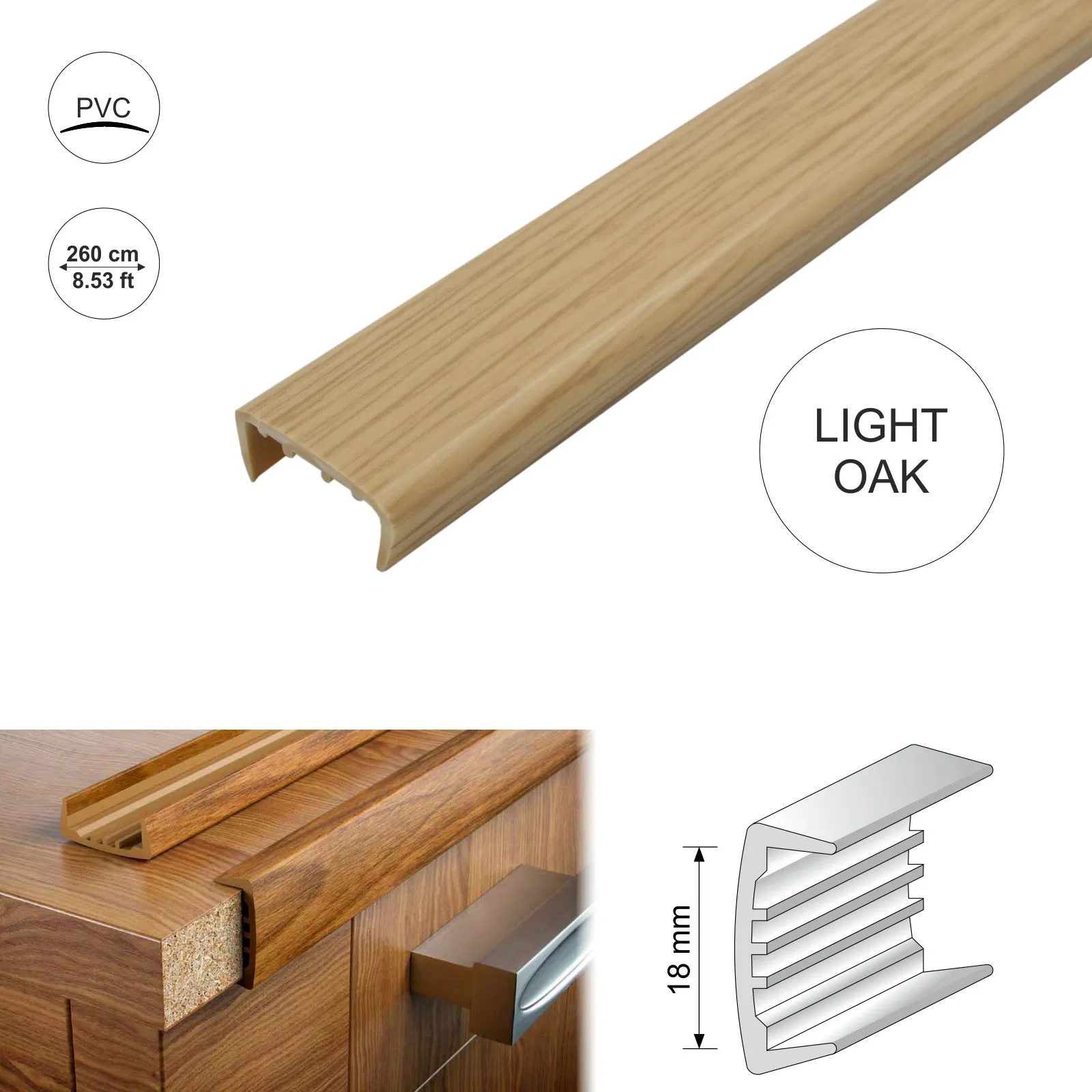 lightOak18mmPVCUSectionMelamineFurniturePlasticEdgeTrim